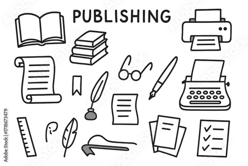 Publishing Essentials Doodle. Publishing. Hand-drawn doodle illustration open book, stack of books, printer, typewriter, scroll, ink pen, paper sheets, ruler,