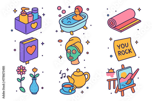 Self-Care Icon Set. Colorful isometric vector icons set of self-love and solitude: self-care kit, spa bath, meditation pose, yoga mat, gratitude journal, face