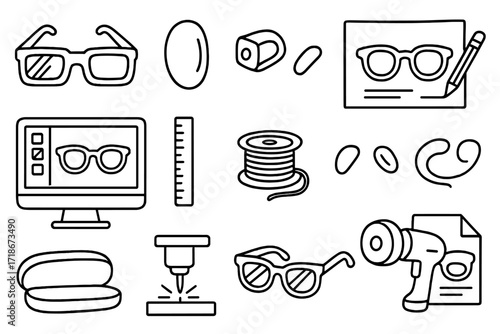 Designer Eyewear Sketch. Hand-drawn doodle illustration Designer eyewear printing [3D glasses frame, lens, hinge, design sketch, CAD software, ruler, filament,