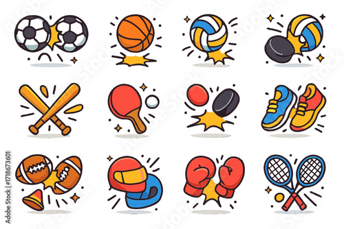 Dynamic Sports Icons. Colorful isometric vector icons set of sports objects colliding: soccer balls clashing, basketball mid-air bounce, volleyballs crashing,