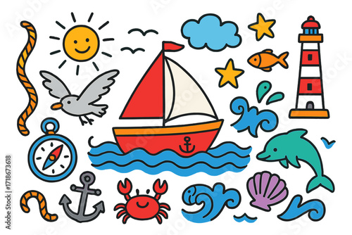 Cartoon Nautical Adventure. Colorful Hand-drawn doodle Children illustration Sailing on waves boat, sail, anchor, compass, seagull, fish, crab, wave, sun,