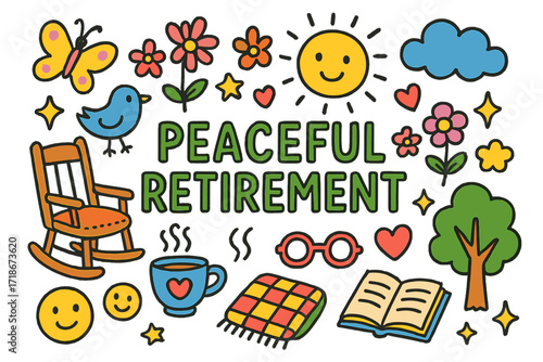 Peaceful Retirement Icons. Colorful Hand-drawn doodle Children illustration Peaceful Retirement rocking chair, tea cup, glasses, book, sun, flower, butterfly,