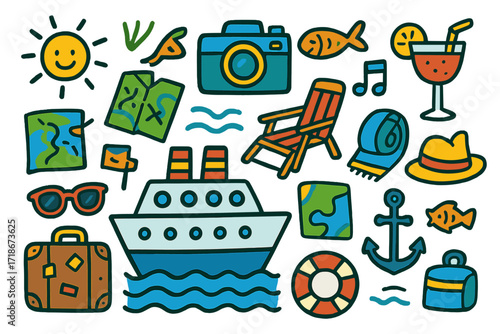 Colorful Cruise Adventure. Colorful Hand-drawn doodle Children illustration Cruise Holiday cruise ship, sun, waves, cocktail, camera, deck chair, map, life