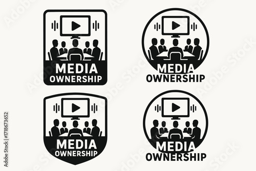 Media Ownership Logo. Set Logo of Media ownership: corporate boardroom with broadcast overlay. Logo set in vector style, emblematic variations.