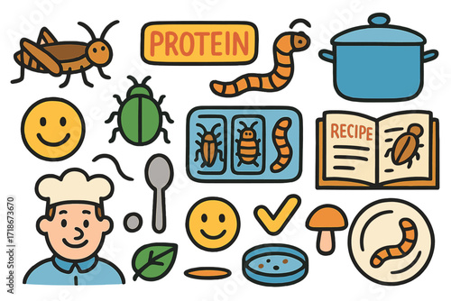 Edible Insect Doodles. Colorful Hand-drawn doodle Children illustration Edible Insects cricket, worm, beetle, cooking pot, protein label, bug tray, recipe