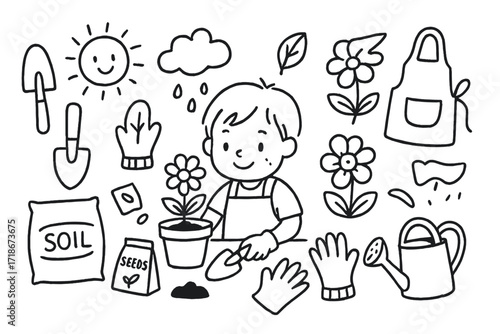 Kids Gardening Doodle. Hand-drawn doodle illustration kids planting after painting flower pot, shovel, trowel, soil bag, seeds, watering can, sprouting plant,