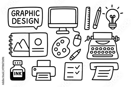Graphic Design Doodles. Graphic Design. Hand-drawn doodle illustration catalog mockup, computer screen, mouse, ruler, pencil, sketchbook, palette, typewriter,
