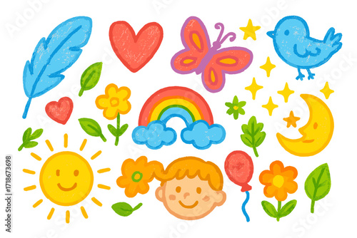 Colorful Doodle Icons. Colorful Hand-drawn doodle Children illustration Feather Touch feather, heart, butterfly, bird, rainbow, flower, sun, moon, stars,