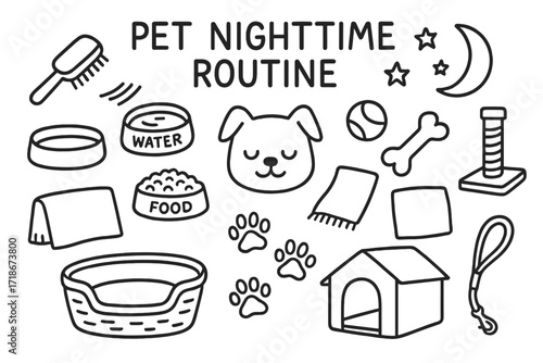 Pet Nighttime Routine Icons. Hand-drawn doodle illustration pet nighttime routine brushing pet, water bowl, food dish, toy ball, chew bone, scratching post,