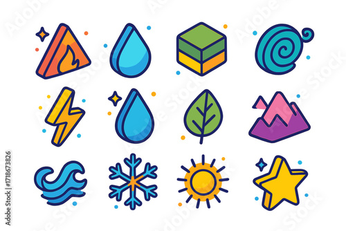 Elemental Isometric Icon Set. Colorful isometric vector icons set of elemental symbols: triangle for fire, inverted triangle for water, square for earth,