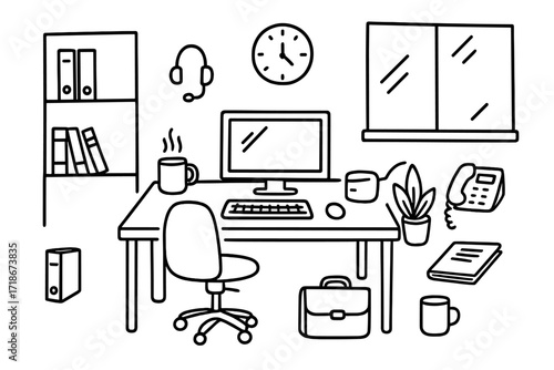 Modern Office Doodle. Hand-drawn doodle illustration Modern office workspace [desk, swivel chair, monitor, keyboard, mouse, bookshelf, folder, plant, clock,