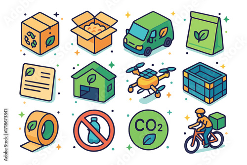 Sustainable Shipping Icons. Colorful isometric vector icons set of sustainable shipping options: recycled packaging, paper filler, electric delivery van,