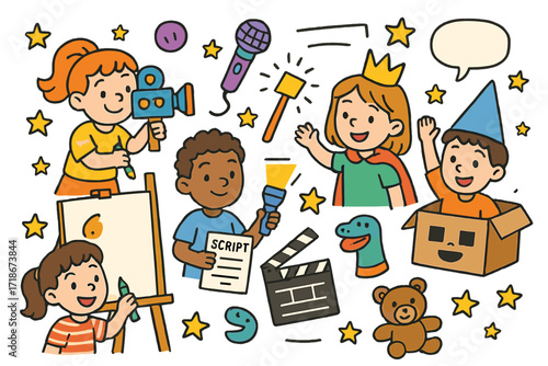 Kids' Movie Adventure. Colorful Hand-drawn doodle Children illustration Kids making movies toy camera, drawing board, script page, flashlight, toy microphone,