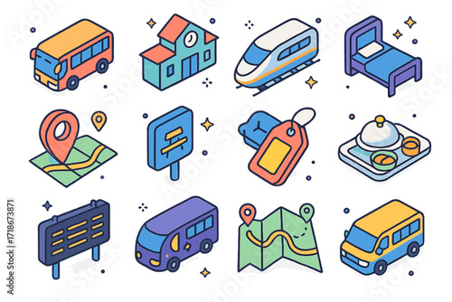 Isometric Travel Icons. Colorful isometric vector icons set of long-distance travel options: intercity bus, train station, high-speed train, sleeper cabin,