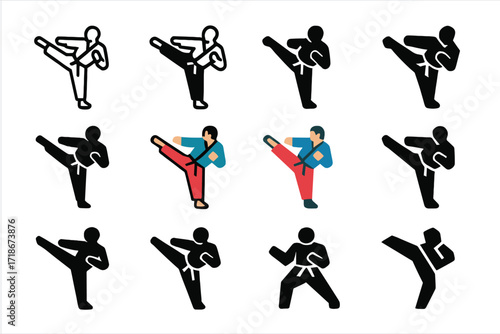 Martial Arts Logo Grid. Set Logo of Fast-Paced Sports: martial artist high kick. Logo set in vector style, emblematic variations. line, bold thick line, solid