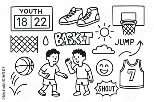 Street Basketball Doodles. Hand-drawn doodle illustration Youth street basketball match scoreboard, sneakers, hoop, ball, teammates icon, fence, graffiti, jump
