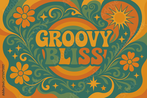 70s Groovy Festival Vibes. Groovy Bliss ? 70s Poster style, wavy stacked funky fonts, concentric circles with floral swirls, stars, and sunbursts, colorful