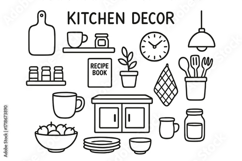 Kitchen Doodle Icons. Hand-drawn doodle illustration Kitchen decor cutting board, shelves, coffee mug, spice rack, pot plant, recipe book, utensil jar, clock,