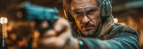 A young adult white man with protective glasses and earmuffs is standing with both arms out in front of him, focusing intently, and aiming a weapon at a shooting range.