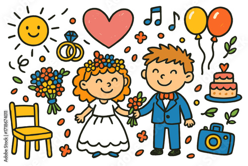 Kids' Pretend Wedding Bliss. Colorful Hand-drawn doodle Children illustration Kids? pretend wedding heart, toy rings, bouquet, smiling kids, flower crown,