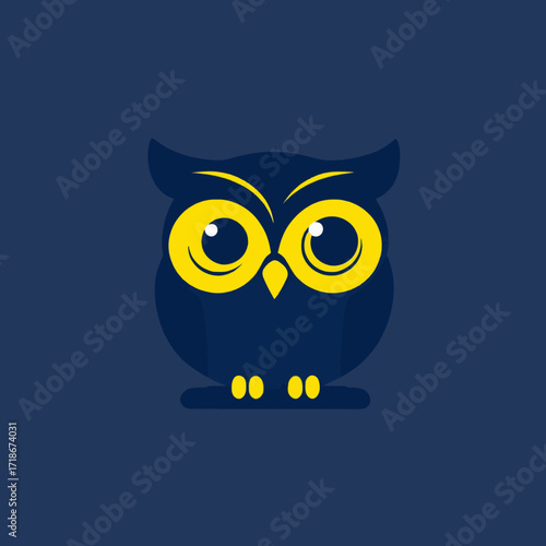 Modern graphic design of a wise dark blue owl with striking bright yellow eyes, perfect for educational content, intelligent branding, or nocturnal animal themes