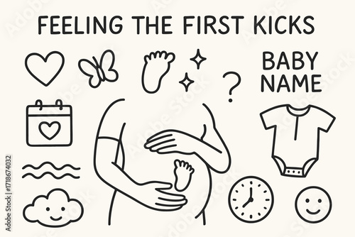 First Kicks Doodle. Hand-drawn doodle illustration Feeling the first kicks baby foot, heart, belly, sparkle, calendar, clock, butterfly, mom?s hands, wave