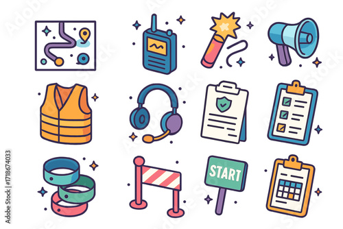 Parade Equipment Icons. Colorful isometric vector icons set of parade coordination gear: route diagram, walkie-talkie, signal flare, loudspeaker, safety vest,