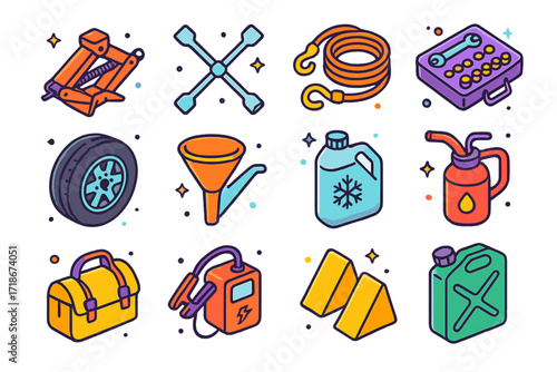 Vehicle Repair Tools Icons. Colorful isometric vector icons set of vehicle repair tools: car jack, lug wrench, tow rope, ratchet set, spare tire, funnel,