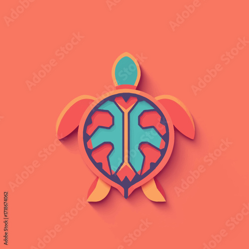 Stylized Sea Turtle Graphic Art in Vibrant Coral and Teal Shades