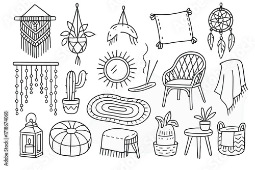 Boho Chic Doodles. Hand-drawn doodle illustration [boho chic home styling] [macrame, hanging plant, tassel pillow, dreamcatcher, floor cushion, woven rug,