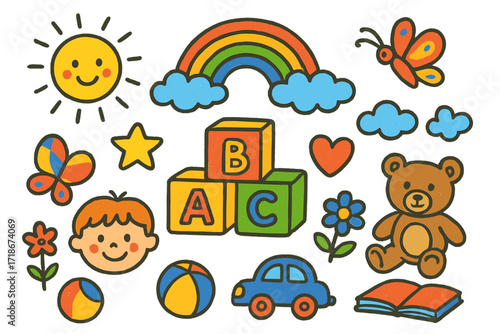 Children's Alphabet Fun. Colorful Hand-drawn doodle Children illustration Alphabet Blocks letter A block, letter B block, letter C block, rainbow, sun, smiling