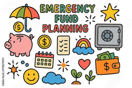 Savings Doodle Delight. Colorful Hand-drawn doodle Children illustration Emergency Fund Planning [piggy bank, umbrella, safe, wallet, dollar sign, coin,