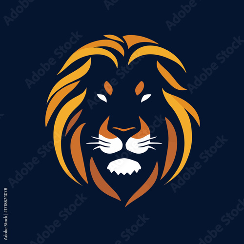 Stylized lion head with a vibrant golden and orange mane on a dark blue background, representing strength, courage, and leadership