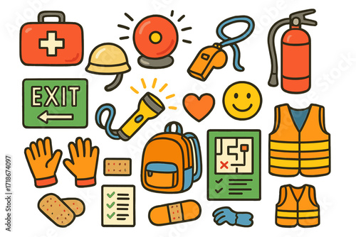 Emergency Kit Doodles. Colorful Hand-drawn doodle Children illustration Emergency Preparedness first aid kit, alarm bell, fire extinguisher, exit sign,