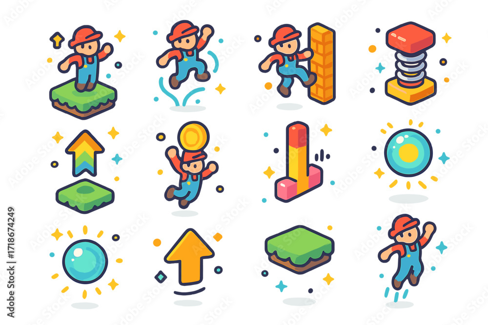 Fototapeta premium Colorful Jump Icons. Colorful isometric vector icons set of Video game jump actions: jump platform, character double jump, wall jump, spring pad, level-up jump