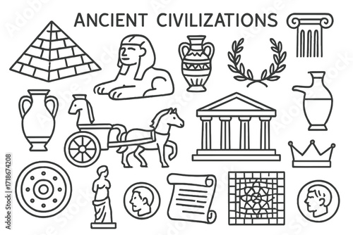 Ancient Civilization Doodles. Ancient civilizations. Hand-drawn doodle illustration ancient civilizations pyramid, sphinx, vase, laurel wreath, column,