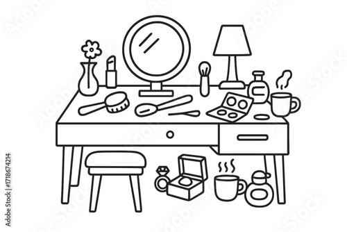 Vanity Table Doodle. Hand-drawn doodle illustration Vanity Table [lipstick, round mirror, drawer, table, stool, vase, lamp, brush, hair straightener, makeup