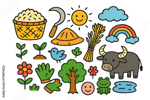 Rice Harvest Doodle. Colorful Hand-drawn doodle Children illustration Rice Harvest [basket of rice, sickle, farmer hat, bundle of rice, water buffalo, sun,