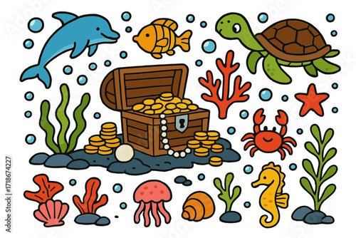 Underwater Treasure Adventure. Colorful Hand-drawn doodle Children illustration Treasure in Caves treasure chest, pearl, gold coins, coral, fish, starfish,