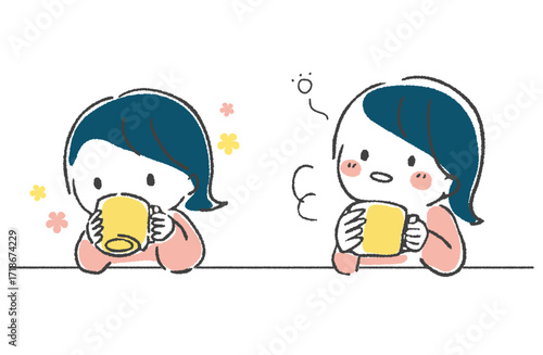 手描き　ホットドリンクを飲む女性のイラスト