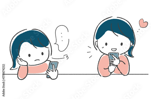 手描き　スマホを眺めている女性のイラストセット