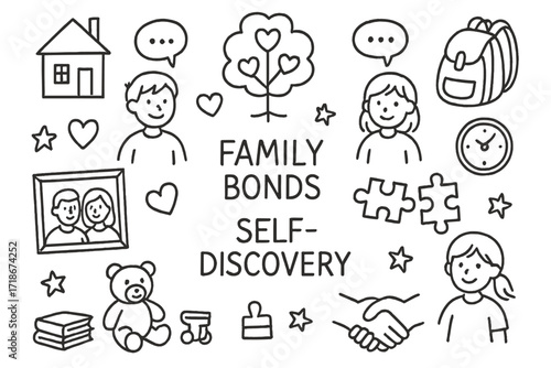 Family Puzzle Doodle. Hand-drawn doodle illustration Family bonds and self-discovery, house, parents, children, hearts, family tree, puzzle pieces, photo