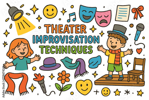 Theater Doodles. Colorful Hand-drawn doodle Children illustration Theater Improvisation Techniques stage, spotlight, comedy mask, tragedy mask, microphone,
