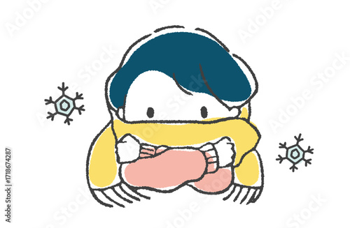 マフラーを巻いて寒がる女の子のイラスト