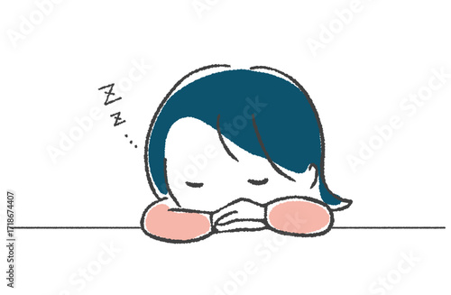 机の上で眠る女性のイラスト