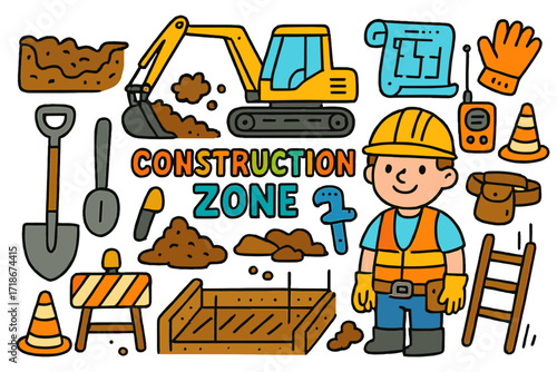 Construction Zone Doodles. Colorful Hand-drawn doodle Children illustration Construction activity zone trench, digging scoop, worker smile, blueprints, shovel,