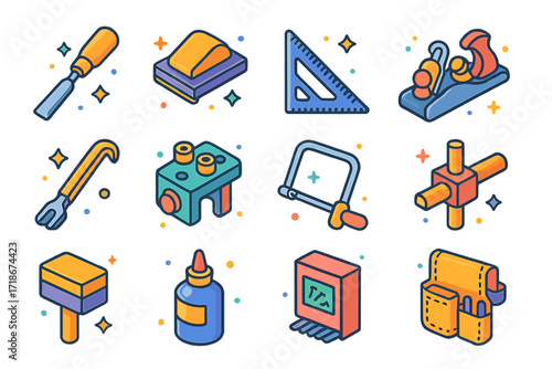 Carpenter Tool Icons. Colorful isometric vector icons set of carpenter?s belt tools: wood chisel, sanding block, speed square, hand plane, nail puller, dowel