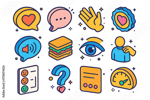 Compassionate Communication Icons. Colorful isometric vector icons set of compassionate communication: ?I feel? statement bubble, kind response phrase, warmth