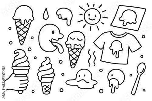 Melting Ice Cream Delight. Hand-drawn doodle illustration Melting ice cream moments [cone, drip, puddle, scoop, tongue, smile, sun, shirt stain, napkin, swirl,