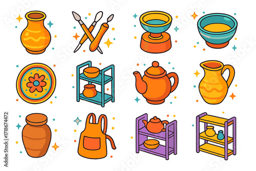 Colorful Pottery Icons. Colorful isometric vector icons set of handmade pottery: ceramic vase, clay mug, sculpting tools, pottery wheel, glazed bowl,